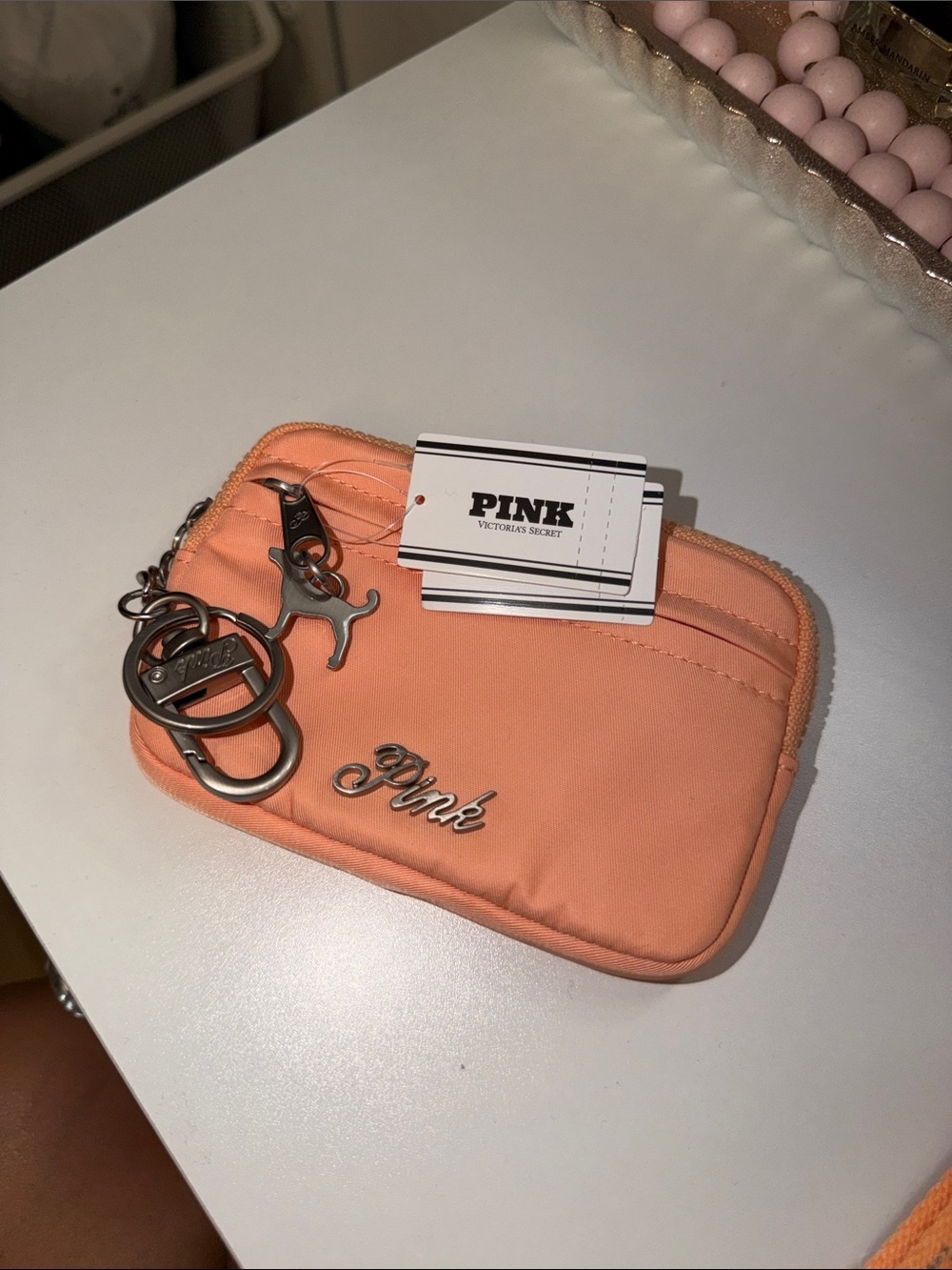 PINK Victoria's Secret Peach Zip Key/card Pouch with Silver Hardware - Picture 4 of 6